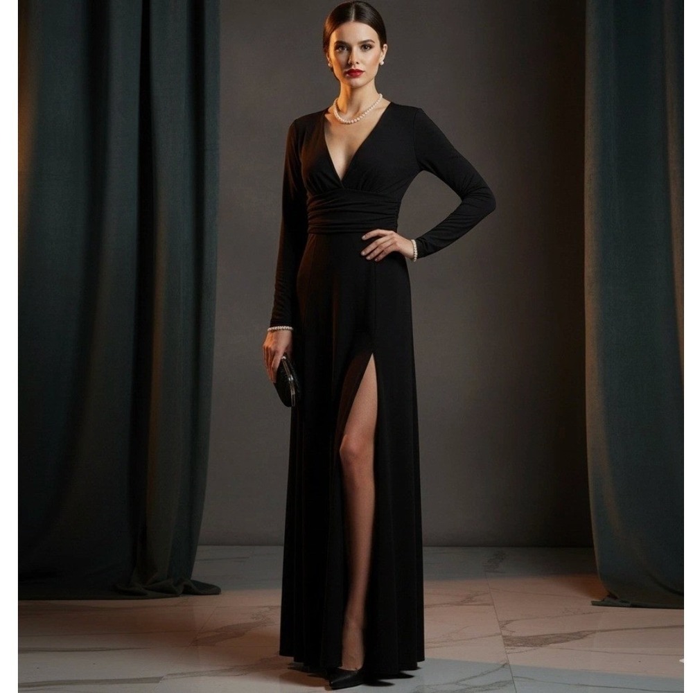Baltic Born Maxi Dress Womens Small Black V-Neck Long Sleeve Slit Formal DD3262